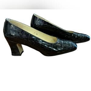 Etienne Aigner Black Patent Leather Croc Print Chunky Heel Pumps Womens Size 7